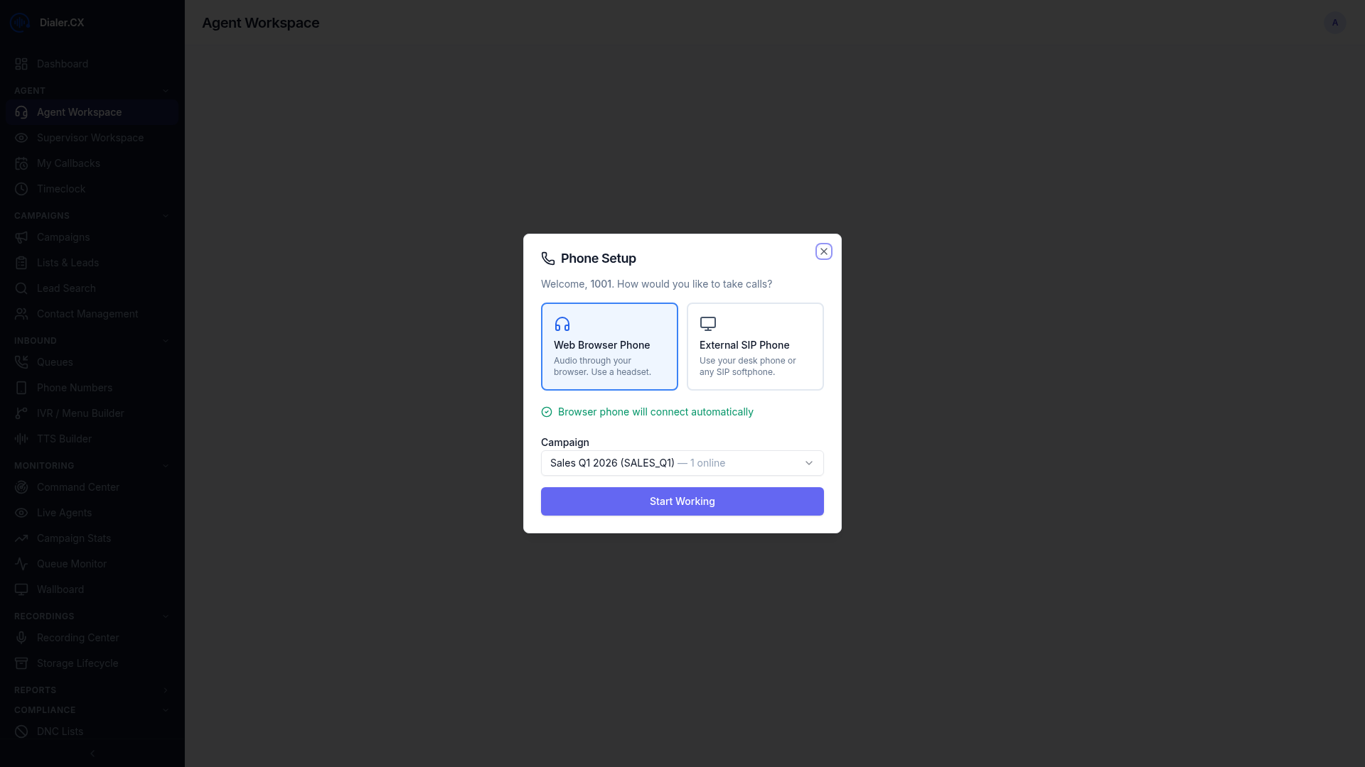 Full-page view of the Agent Workspace showing all panels and controls