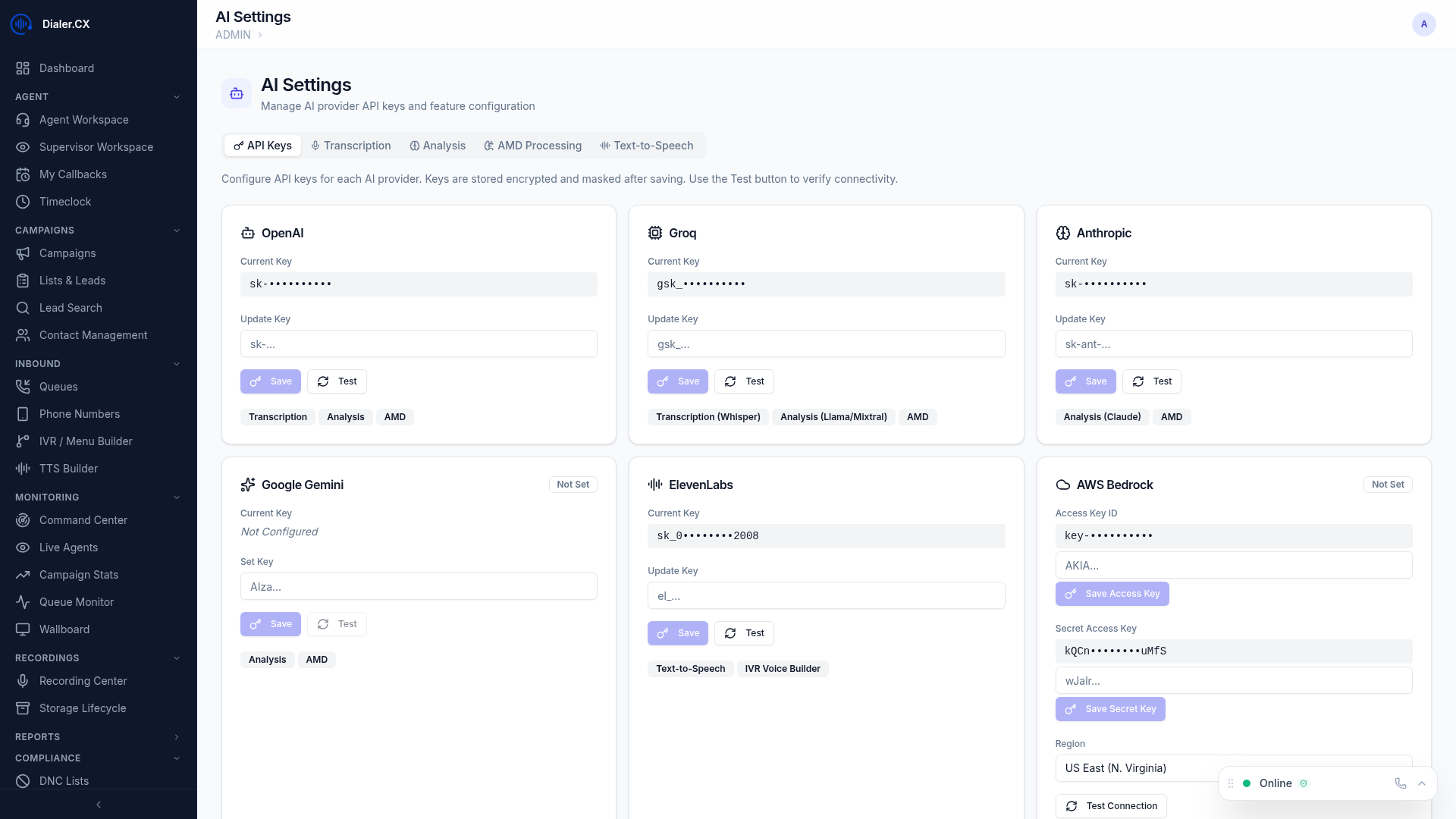 Full AI Settings page showing analysis configuration