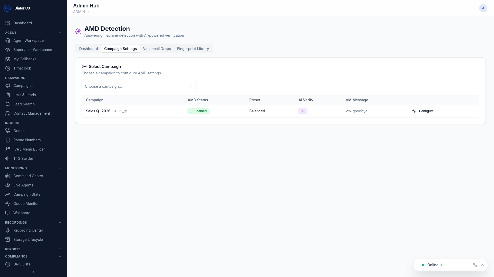 AMD Detection management page — dashboard, campaigns, voicemail, and fingerprints