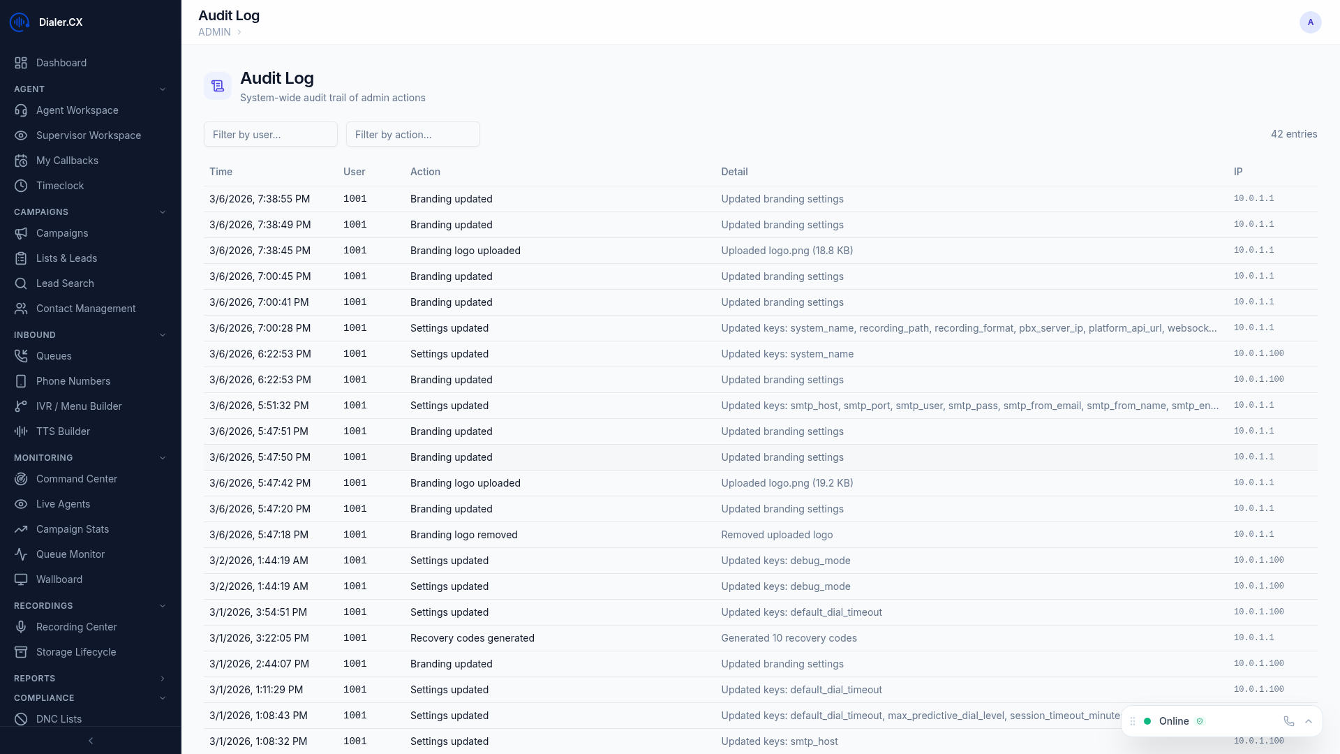 Audit Log page showing timestamped entries with user, action, target, and change details