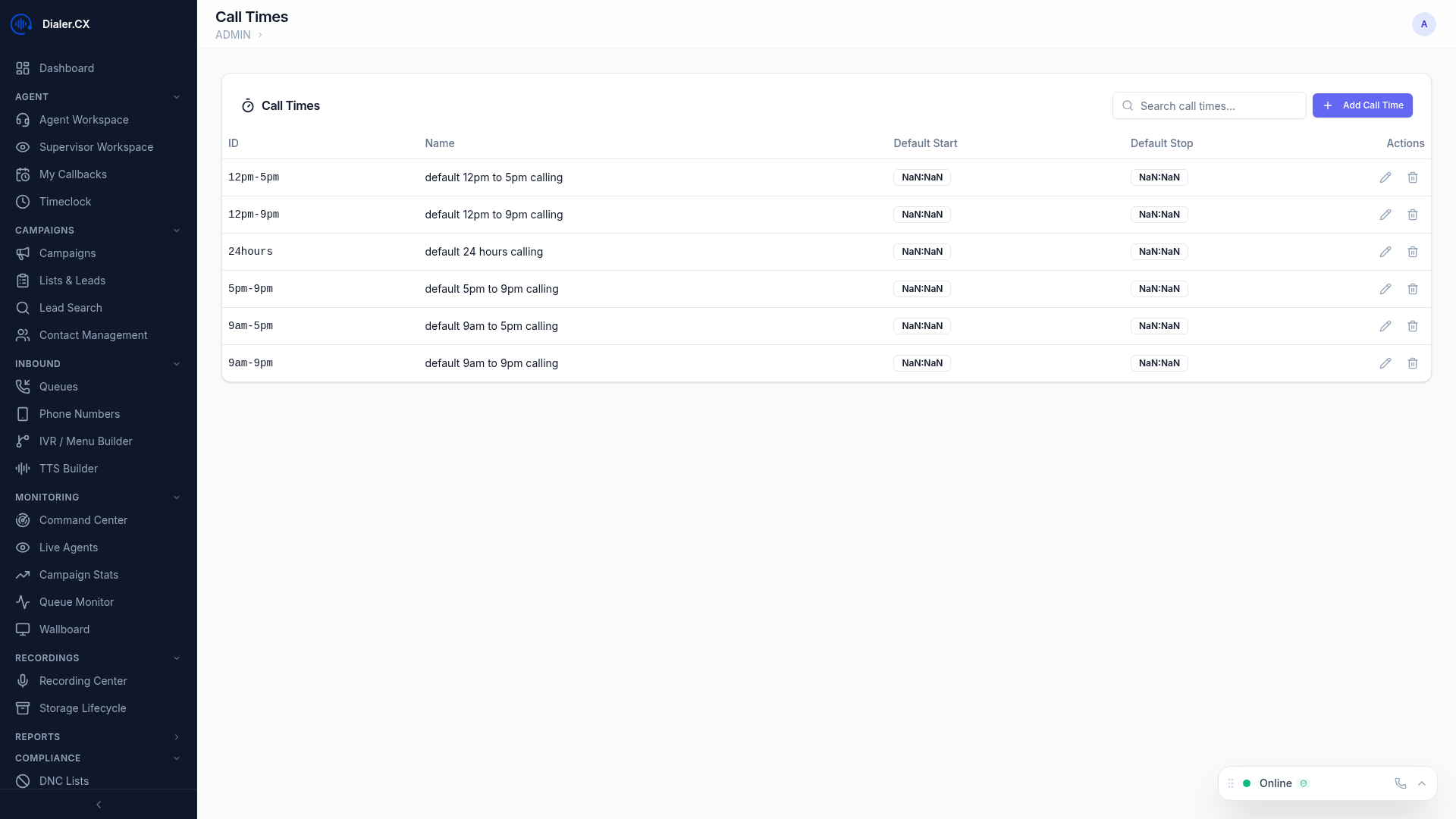 Call Times configuration interface showing day-of-week hour settings and timezone handling