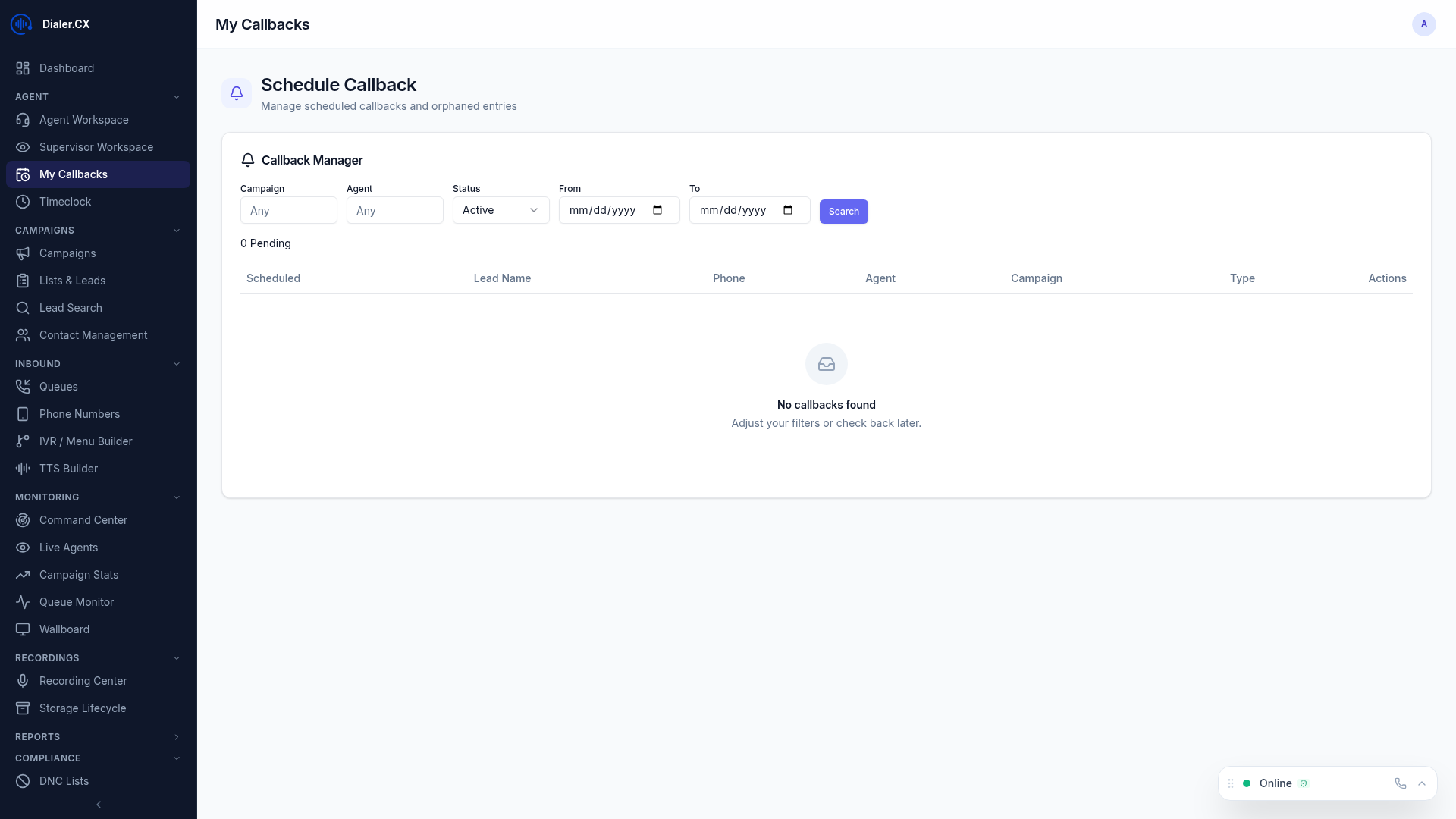Callbacks page showing scheduled follow-up calls with lead details and status