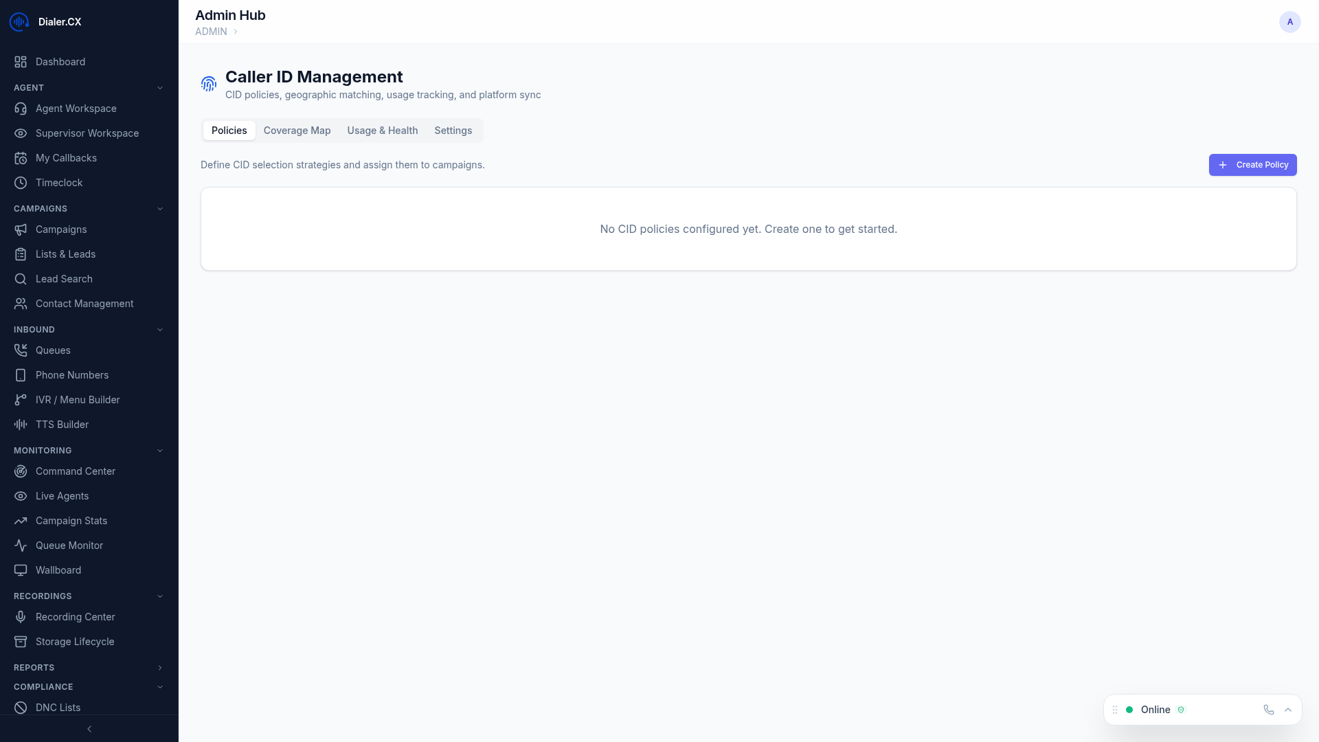 Caller ID management interface showing CID numbers, groups, and rotation policies