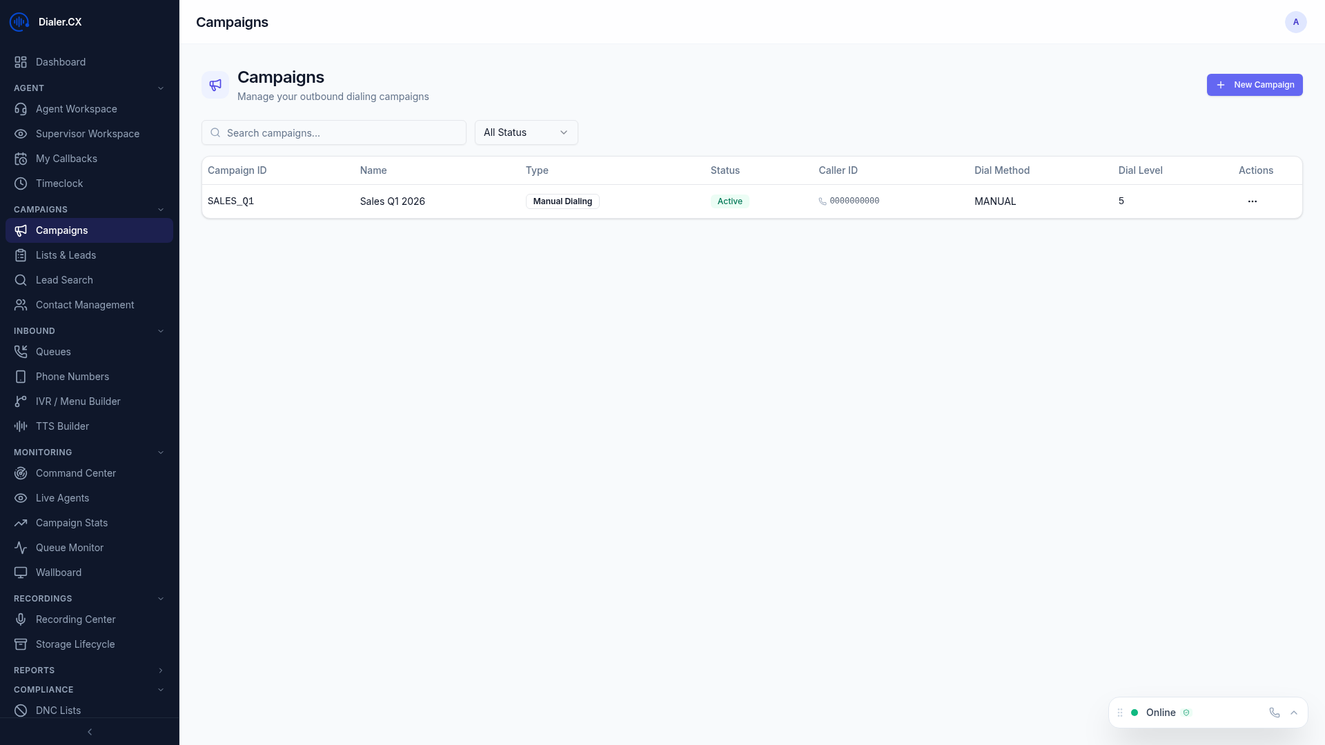 Full campaigns view with all campaign details and management controls