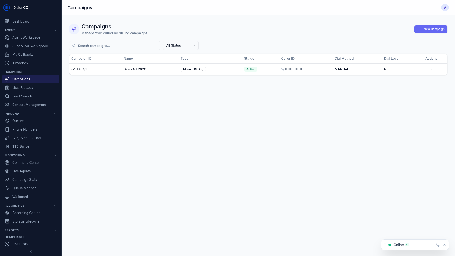 Campaign management interface showing active campaigns with status, agents, and dial levels