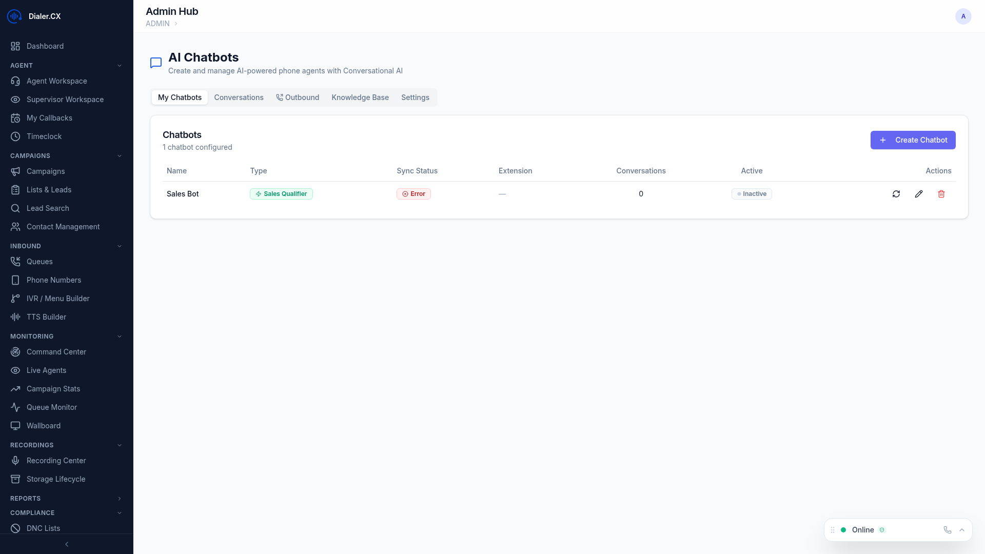 Full chatbots management page with all tabs