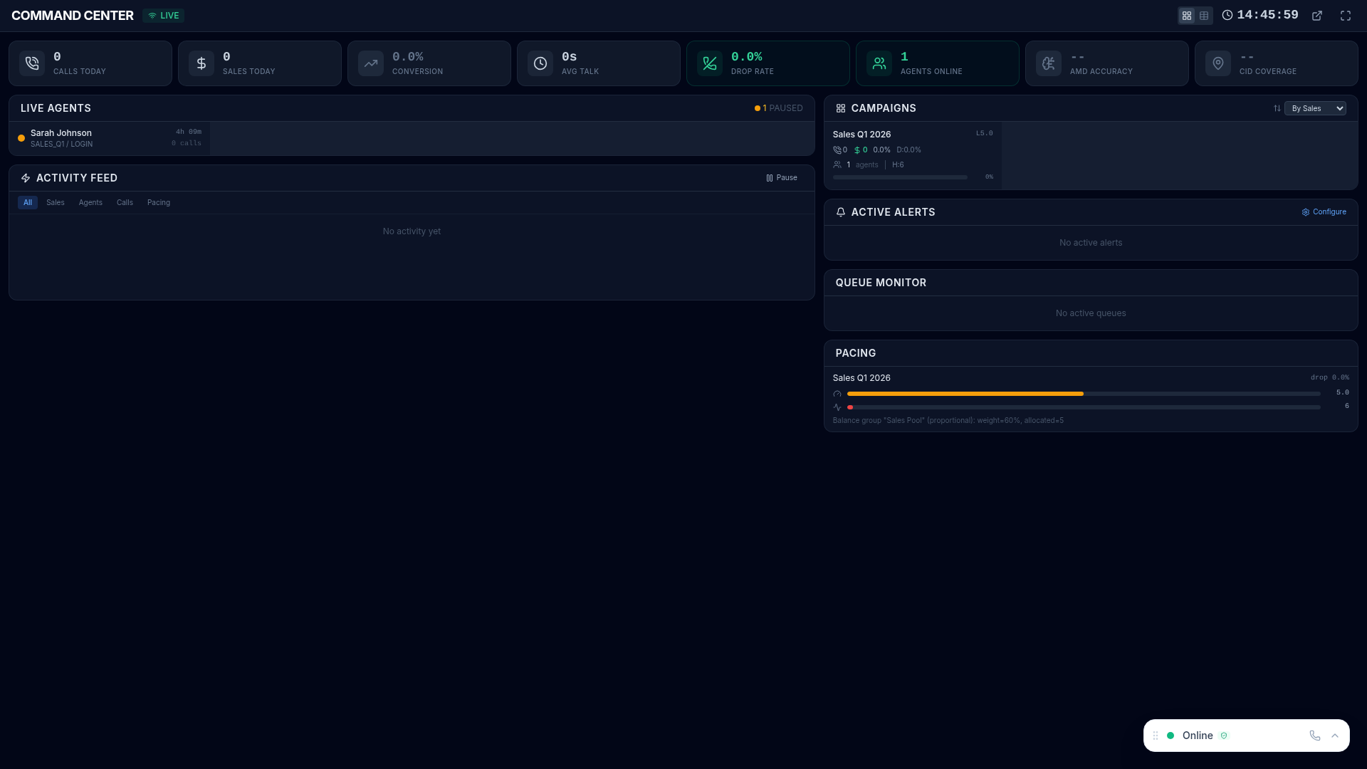Command Center — real-time operations dashboard with live agent grid and KPI cards