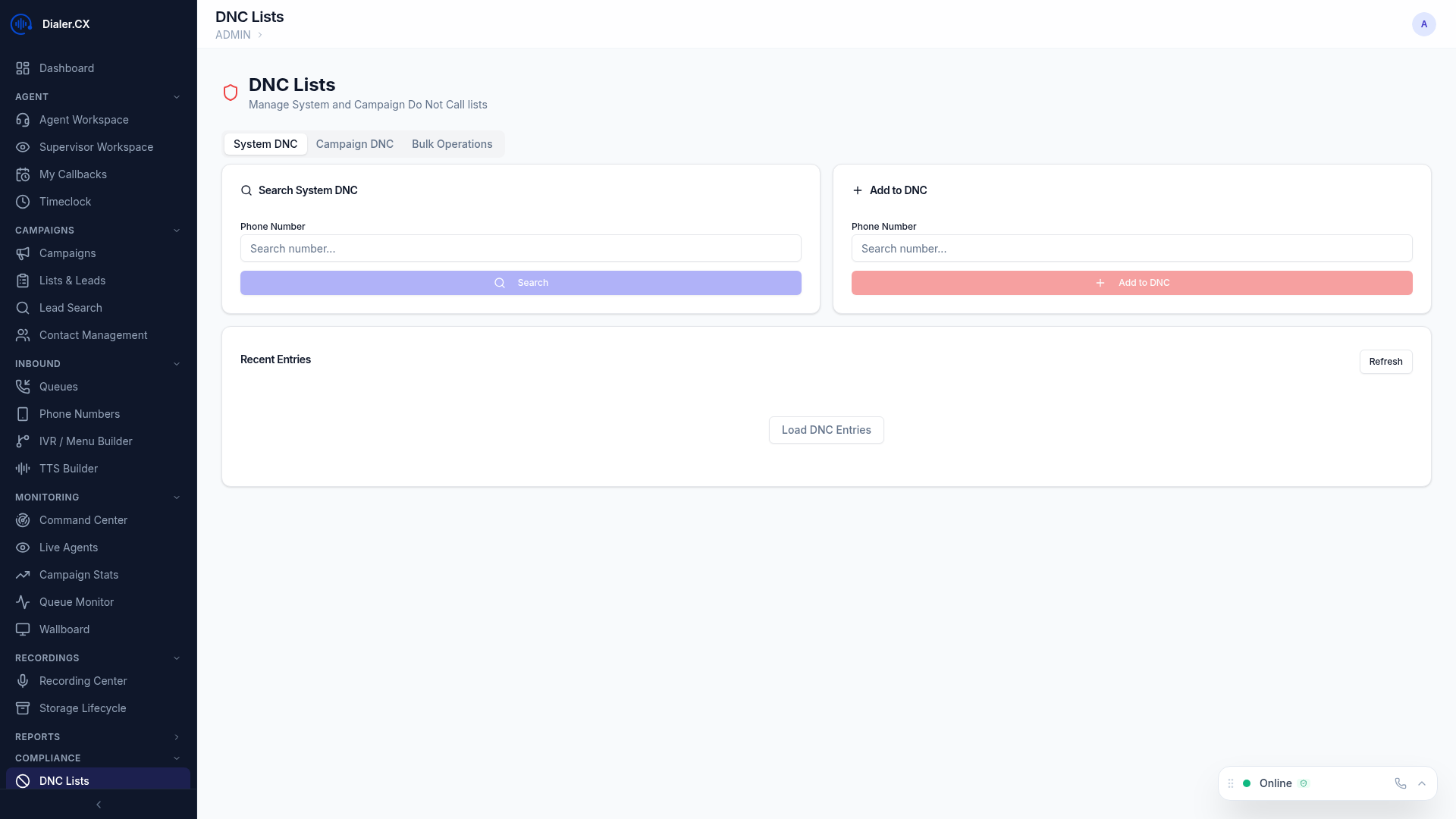 DNC Management interface showing the DNC list with search, import, and export controls
