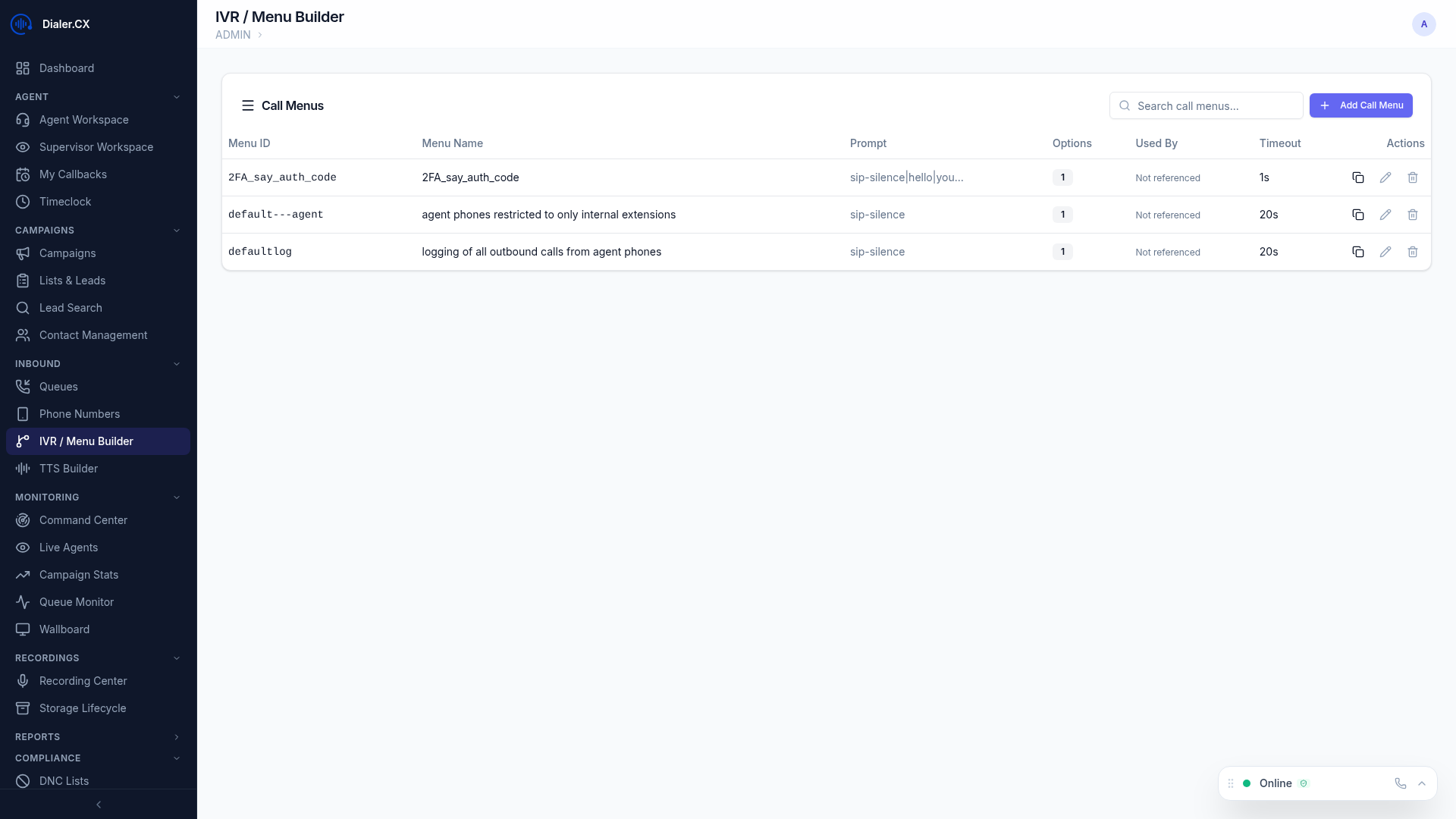 IVR Menu Builder showing menu structure with DTMF key mappings, destinations, and prompt configuration