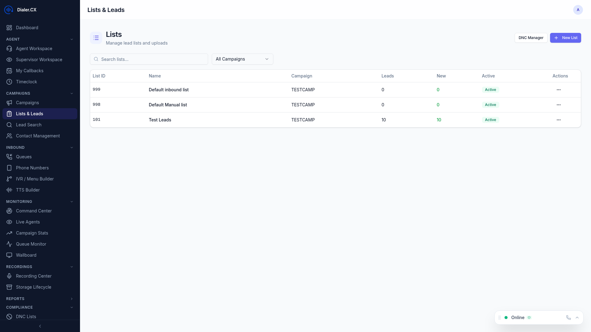 Lists management interface showing lead lists with counts, penetration rates, and actions