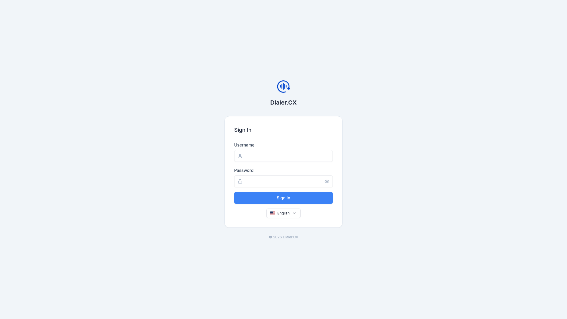 The Dialer.CX login page — clean, branded, and secured with optional two-factor authentication