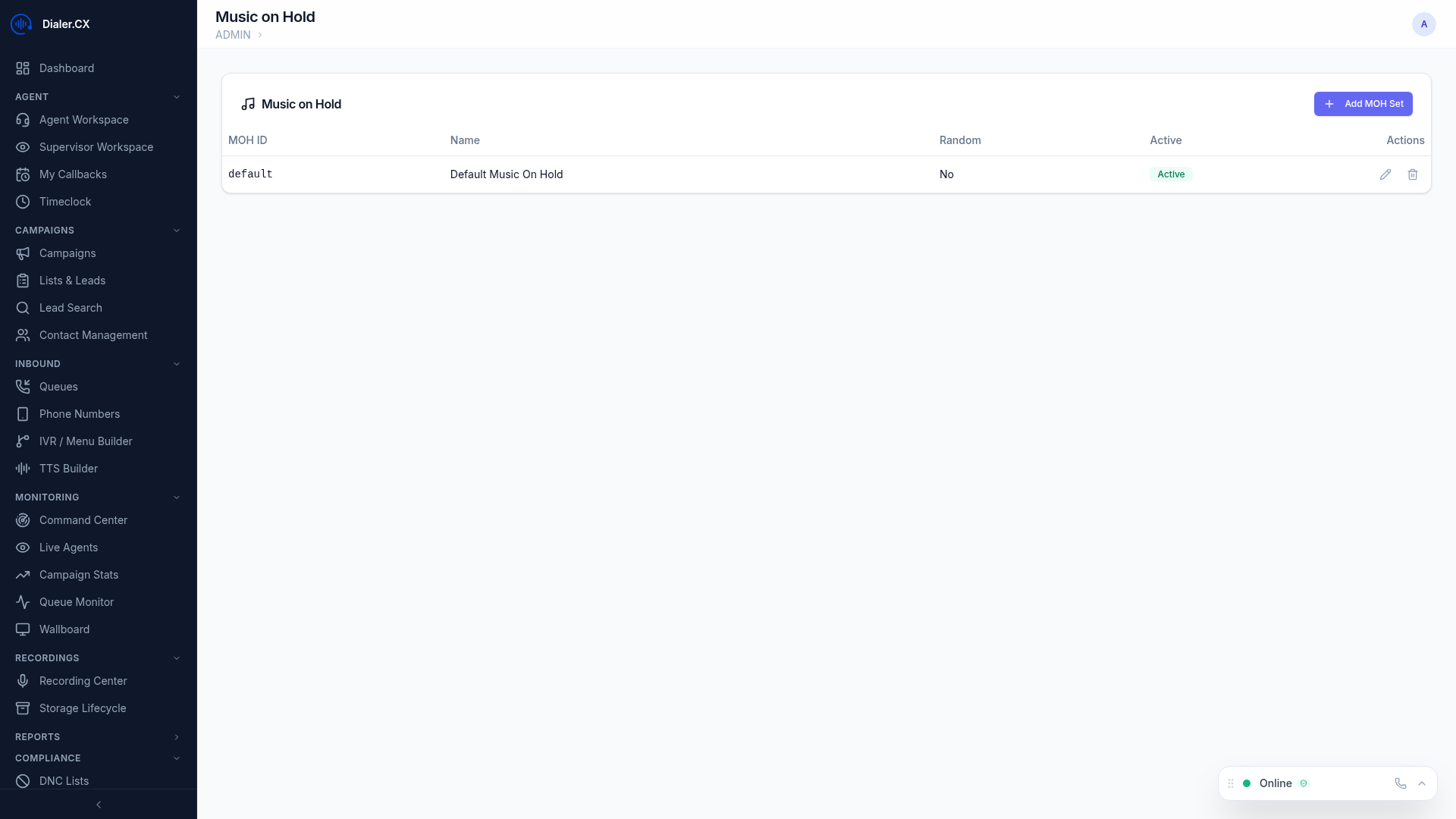 Music on Hold page showing playlists with track listings, assigned queues, and playback order