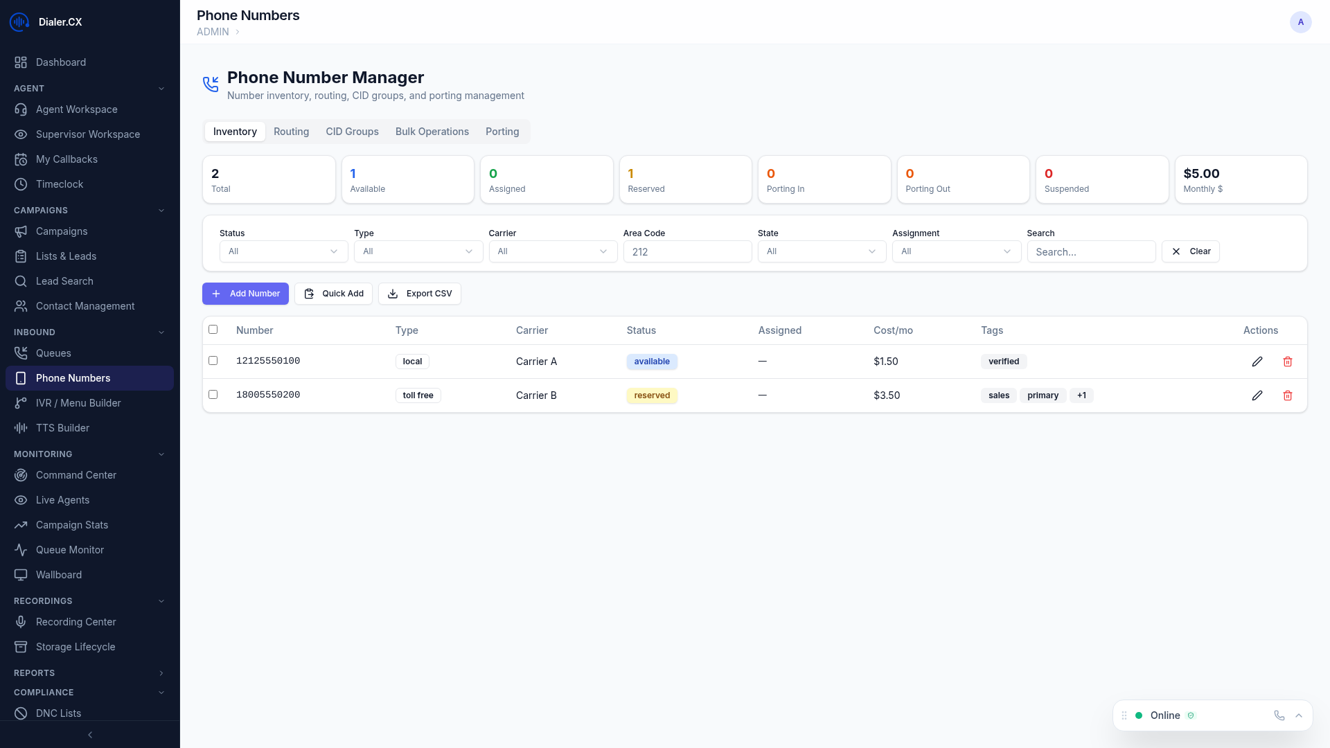 Phone Numbers page showing DID inventory with routing assignments, providers, and status