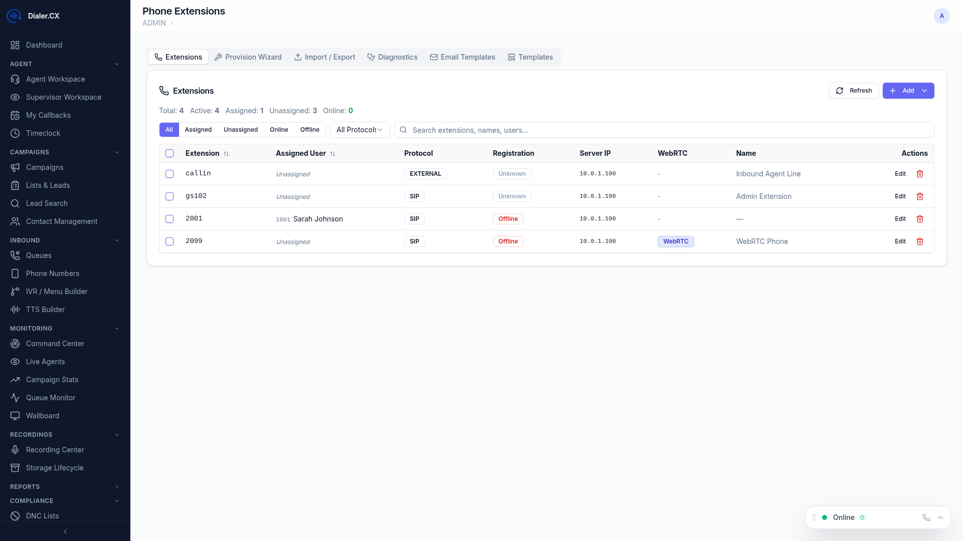 Phones page showing extension list with registration status, assigned users, and protocol details