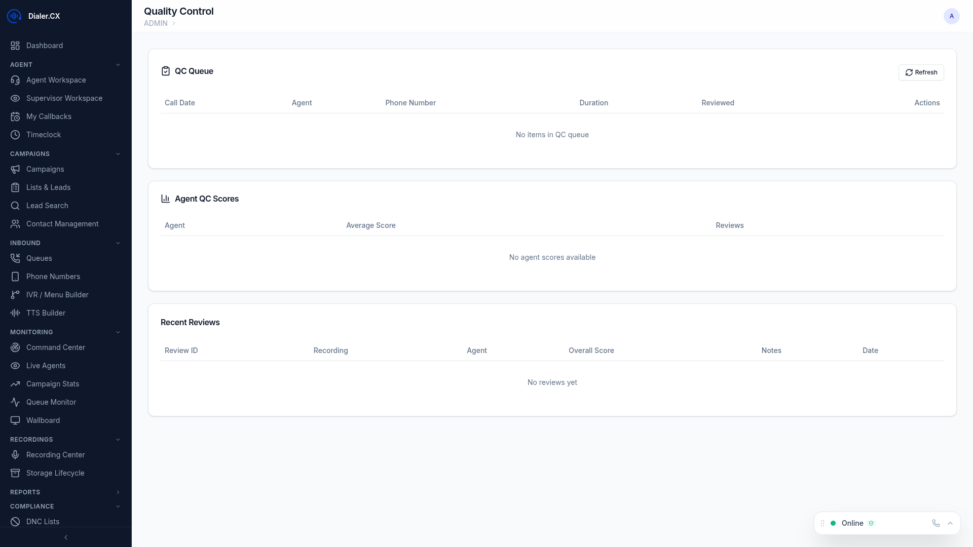 Quality Control interface showing QC scorecards and evaluation tools