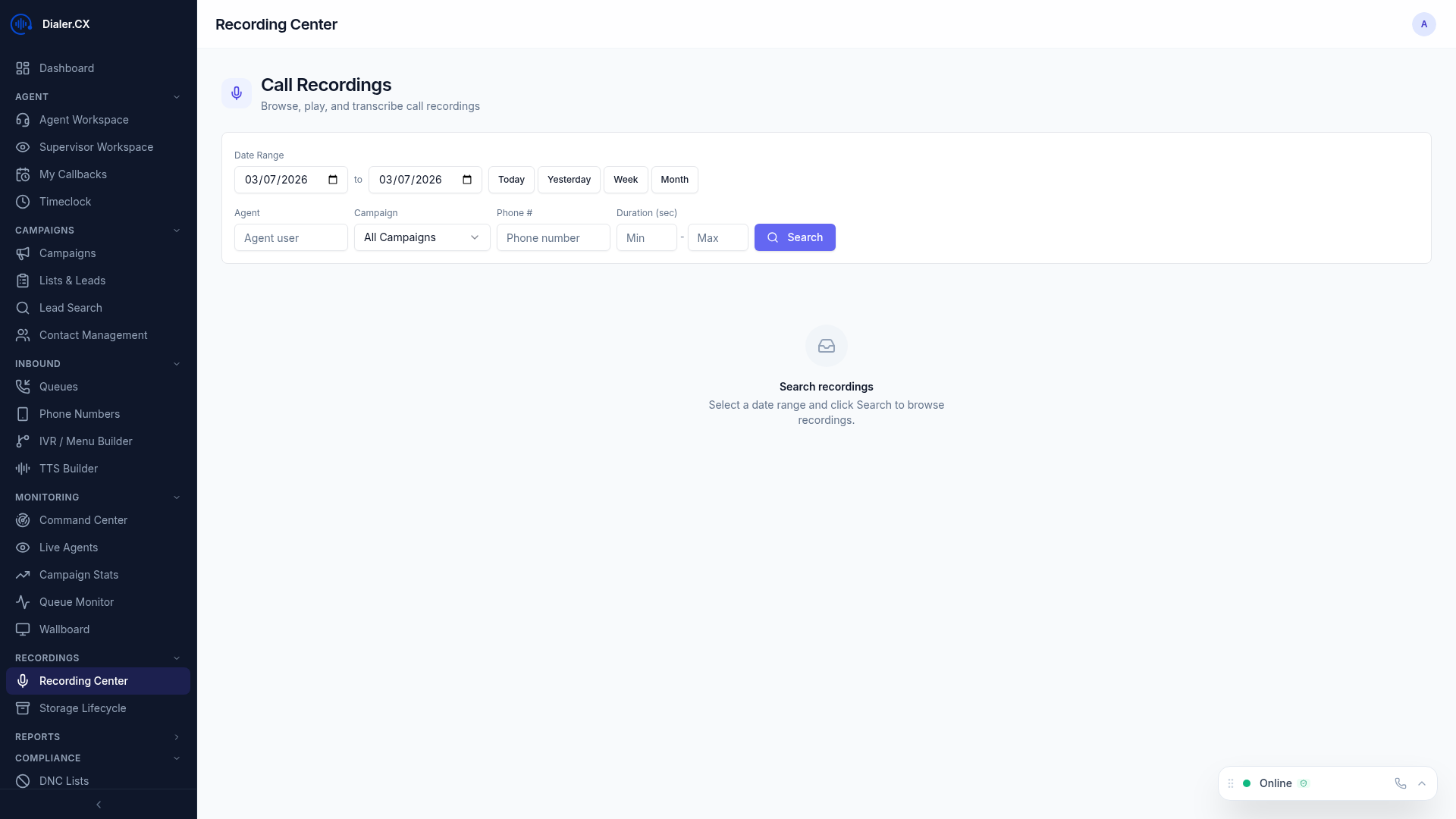 Recording Center full view with transcript and analysis panels