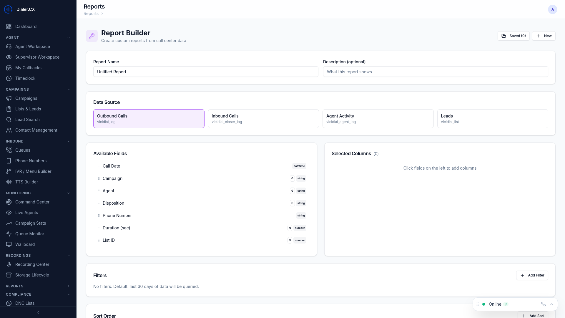 Custom Report Builder interface with metric selection, grouping options, and visualization preview
