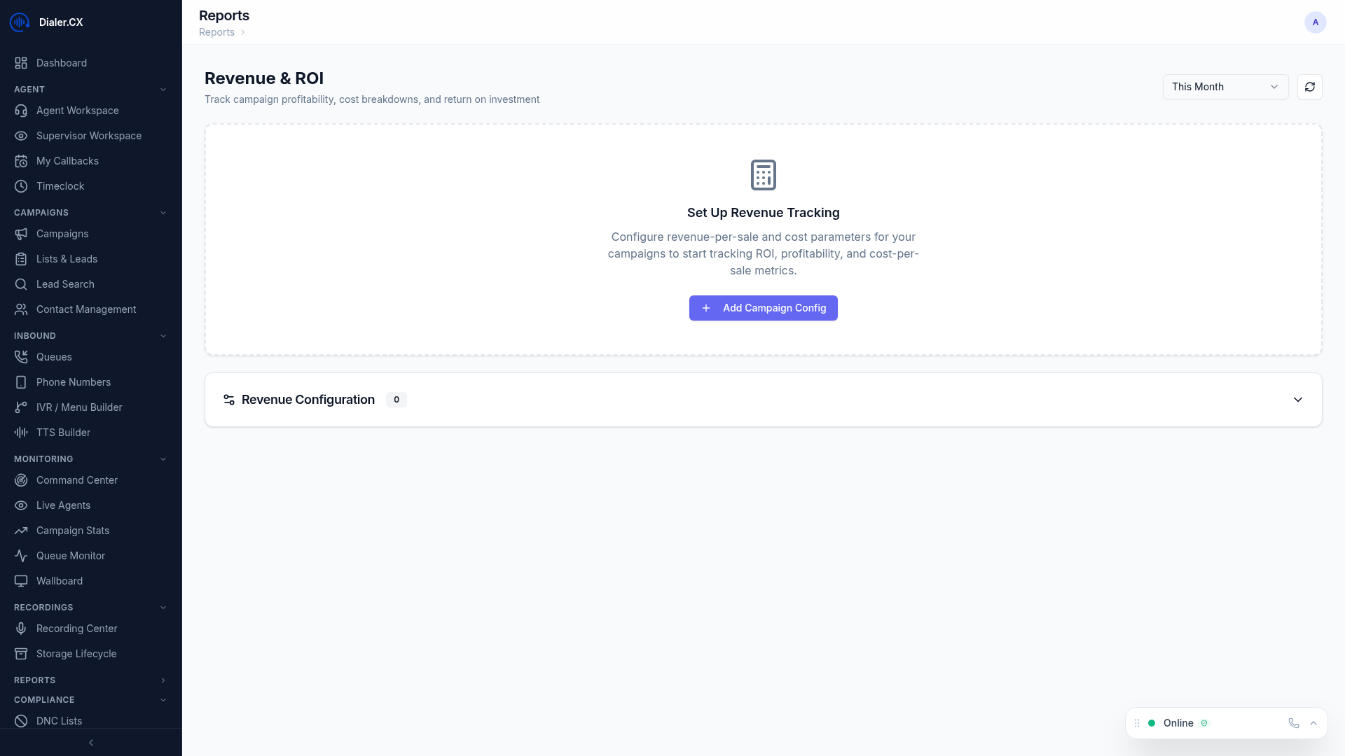 ROI Tracking dashboard showing revenue metrics, campaign profitability, and cost analysis