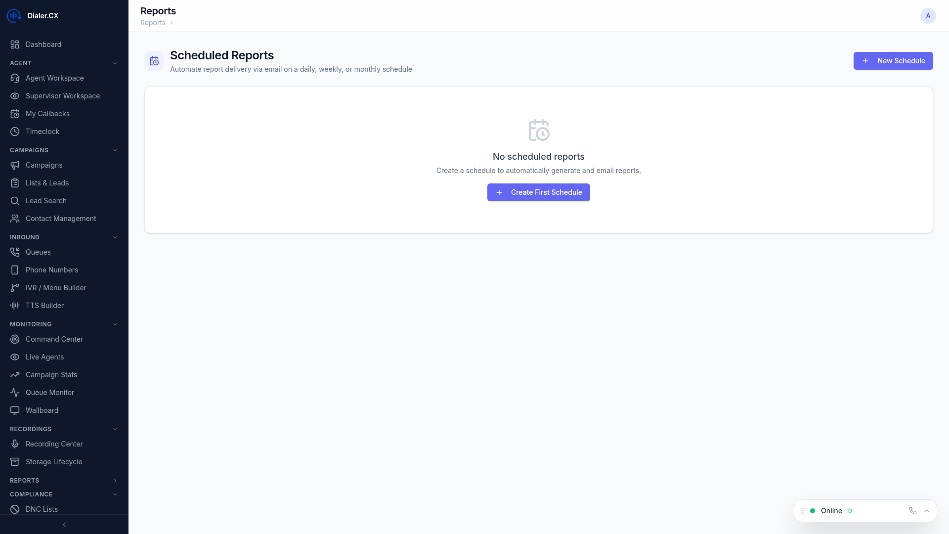 Scheduled Reports interface showing active schedules, frequency settings, and delivery history