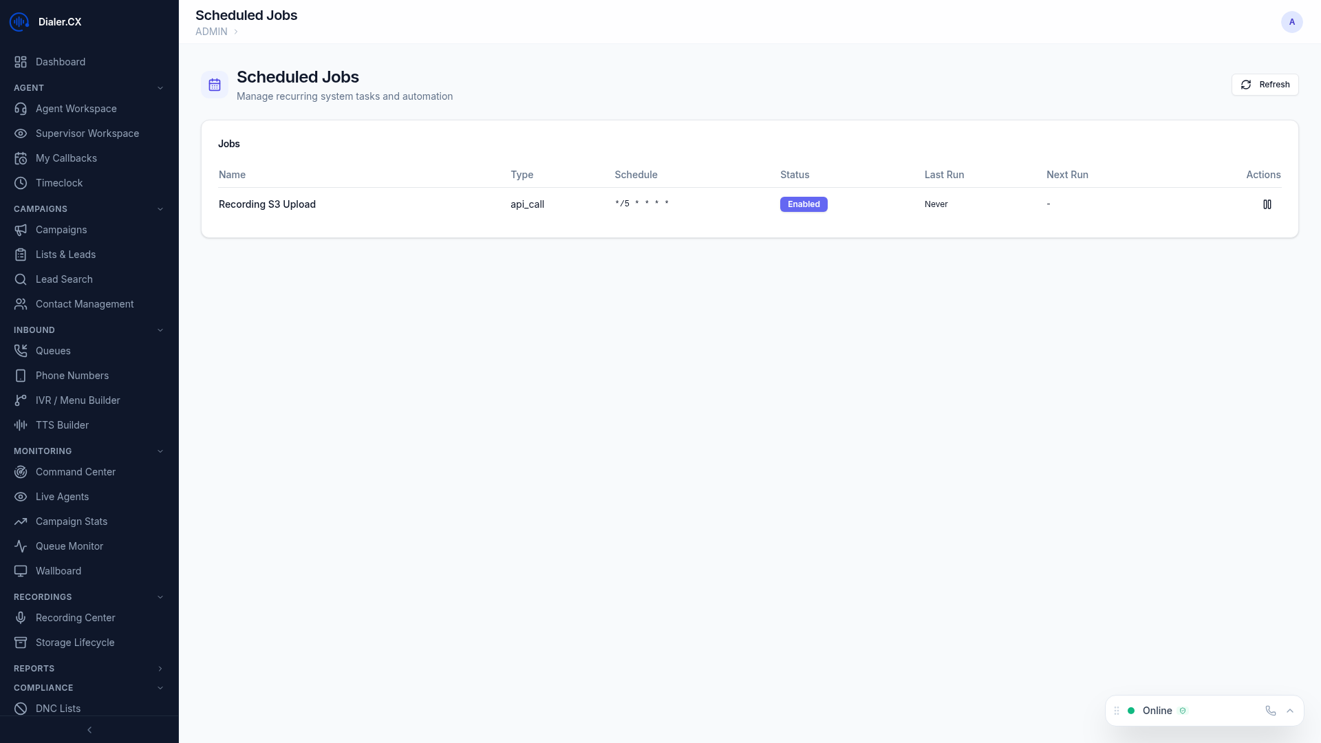 Scheduled Jobs page showing job list with schedules, last run times, status indicators, and execution results