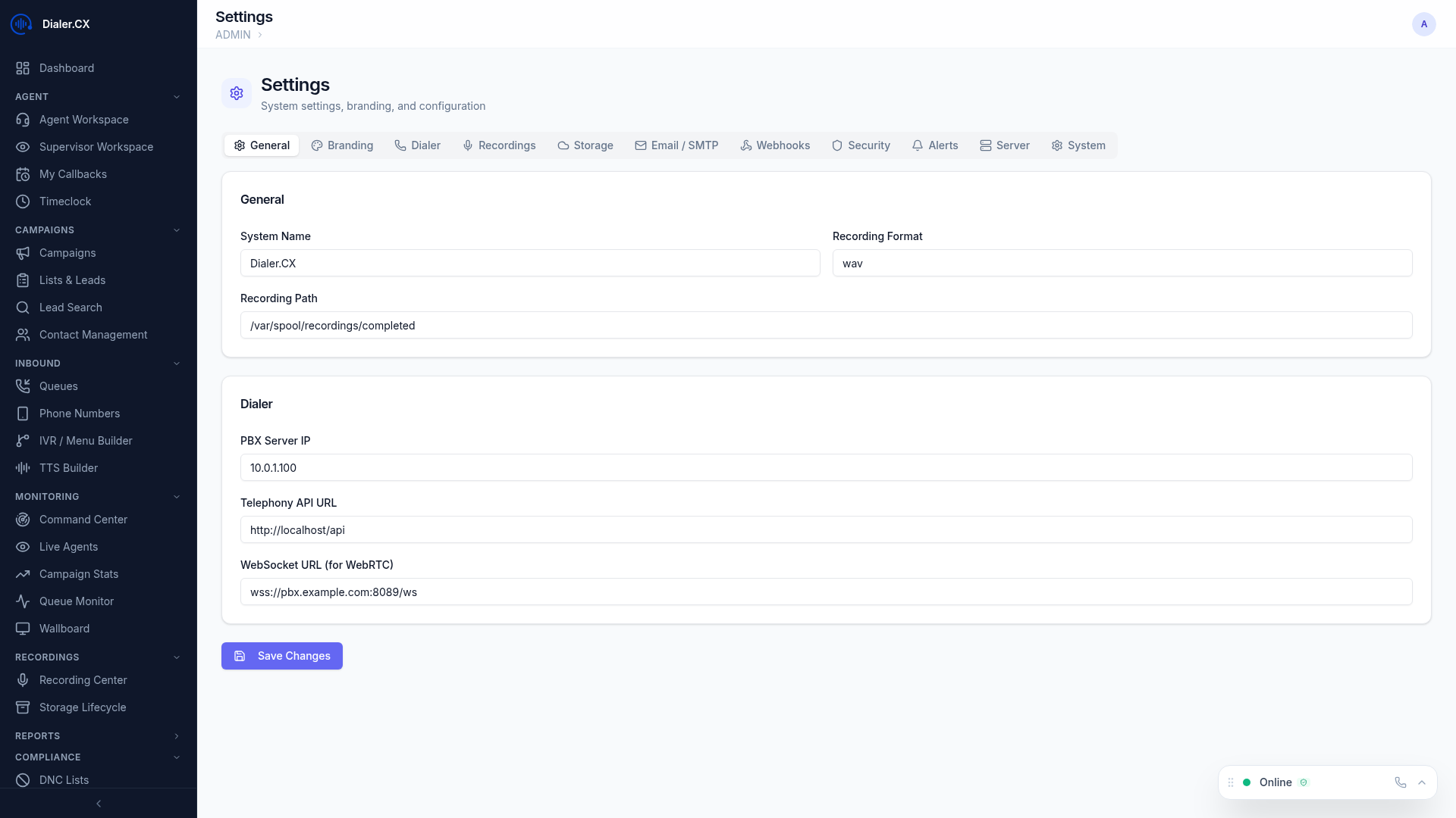 System Settings showing the Webhooks configuration panel with endpoint URLs and event subscriptions