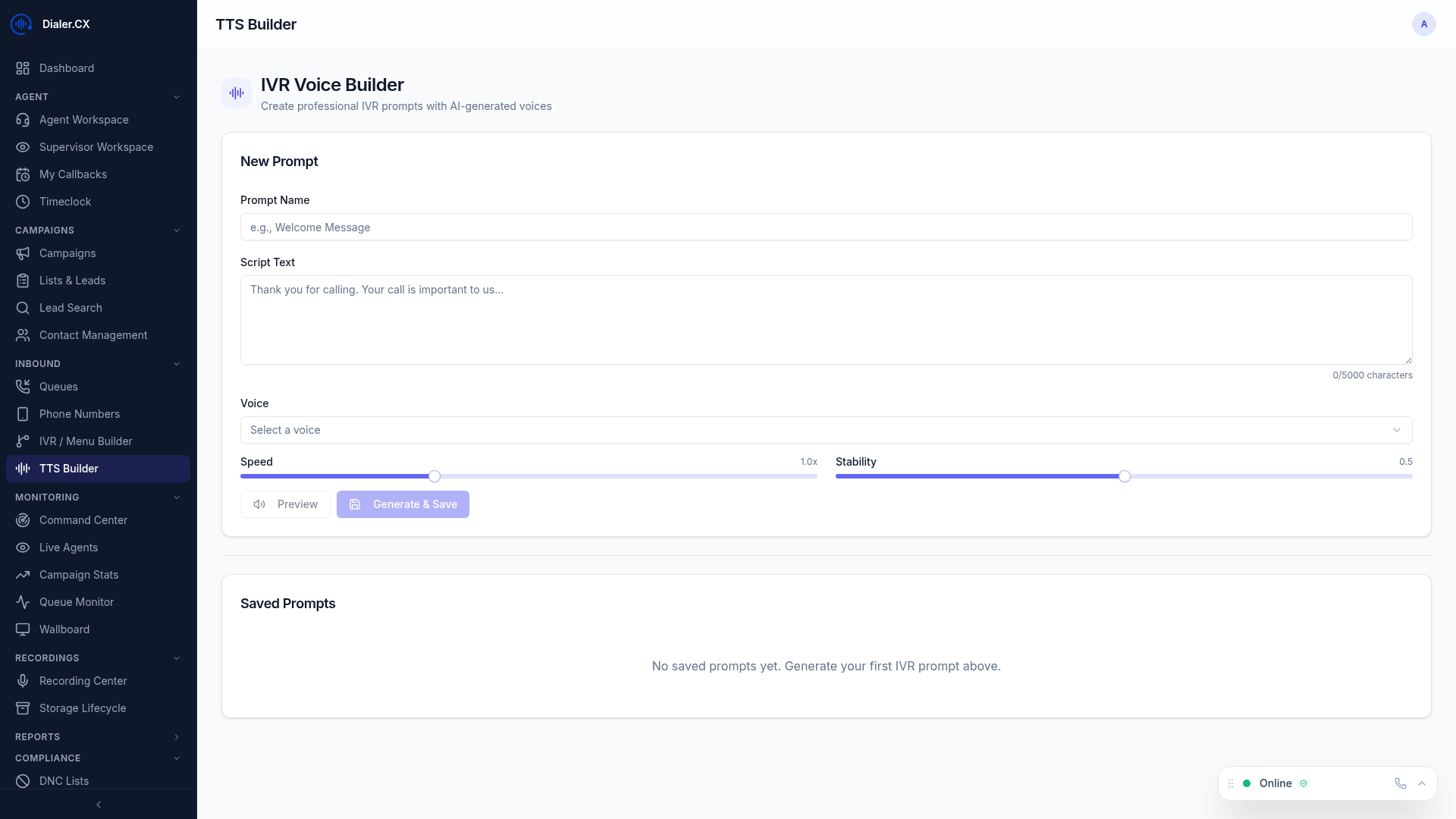 Full TTS Builder page with voice selection and preview controls