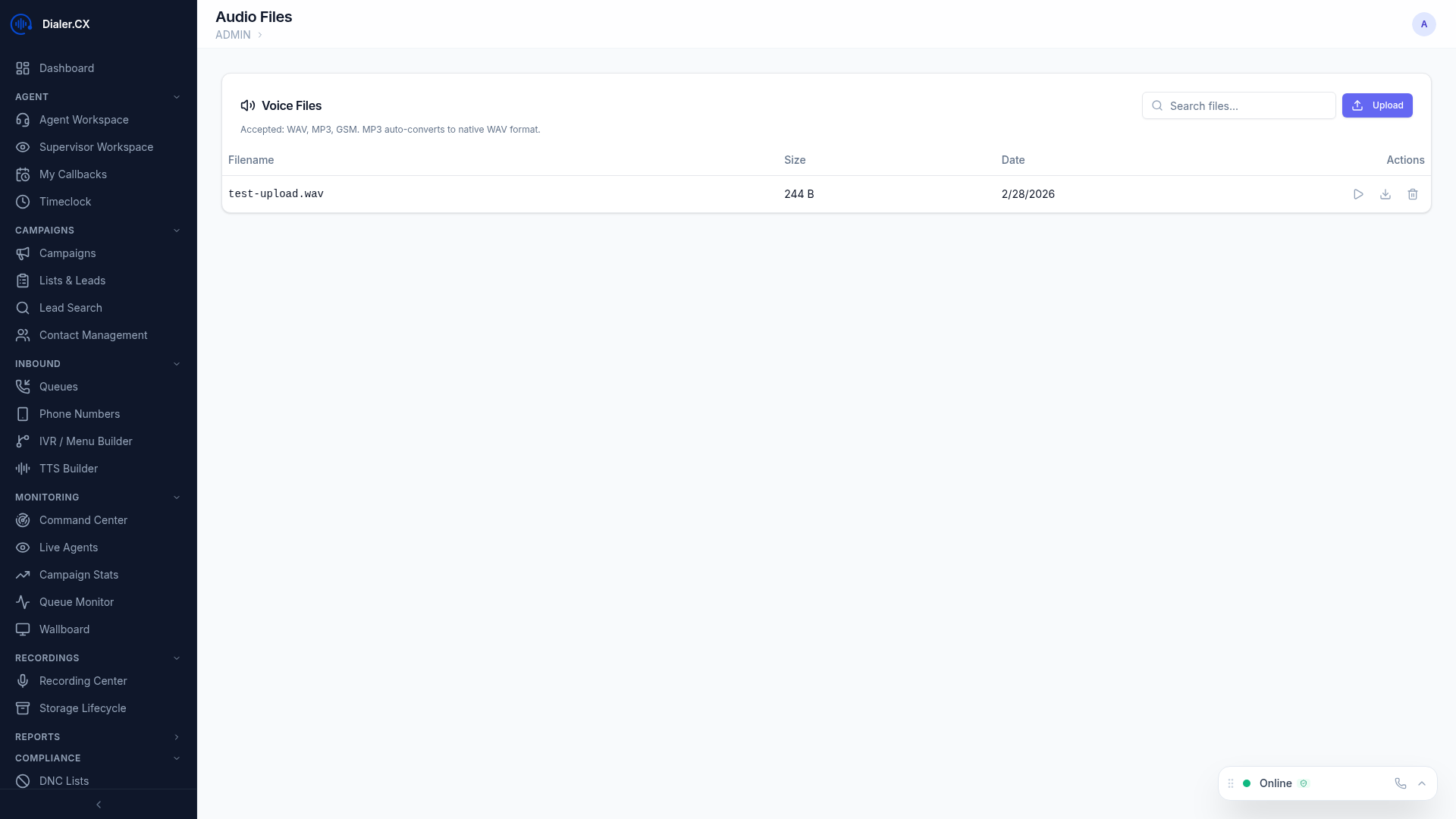 Voice Files page showing uploaded audio files with playback controls, categories, and file details