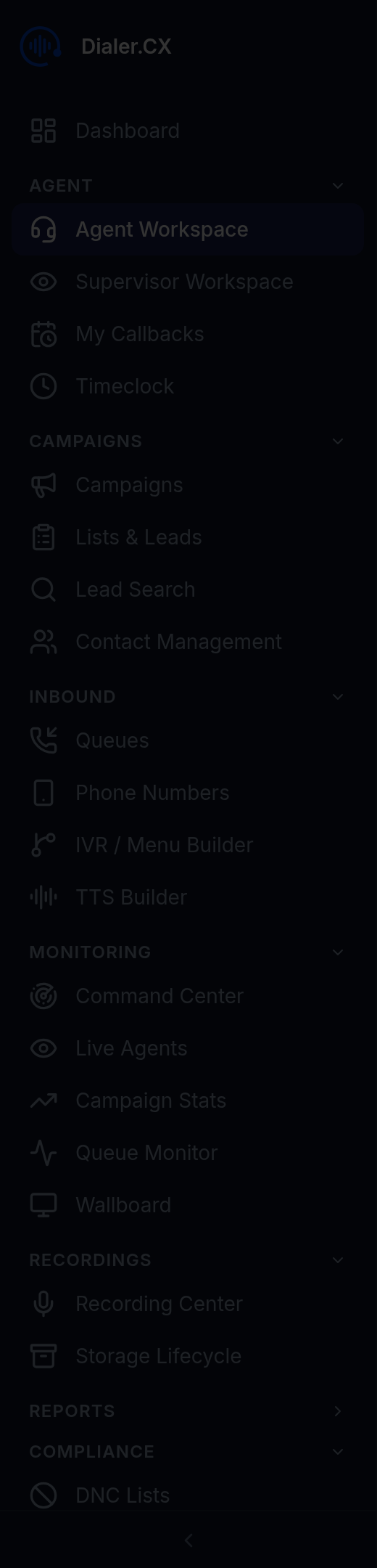 Agent sidebar navigation showing available pages