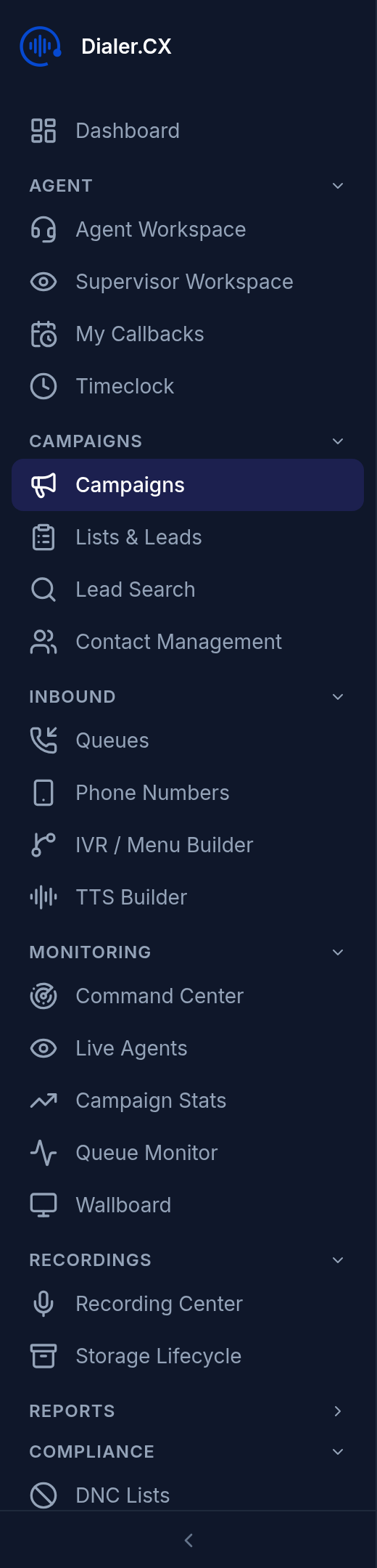 Sidebar navigation to the Campaigns page