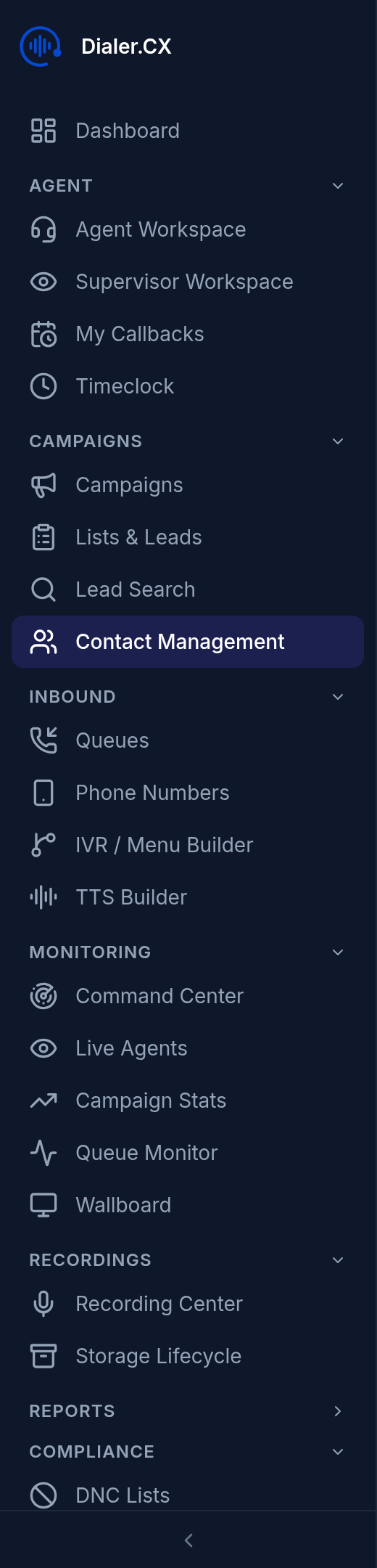 Sidebar navigation to the Contacts page