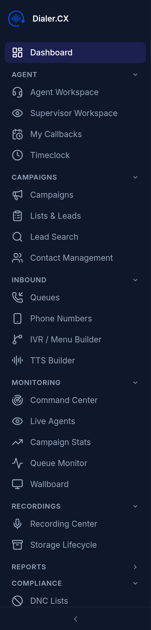 The sidebar adapts to your role — agents see a focused menu, admins see the full navigation