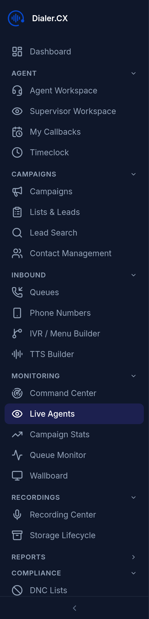 Sidebar navigation to the Live Agents monitoring page