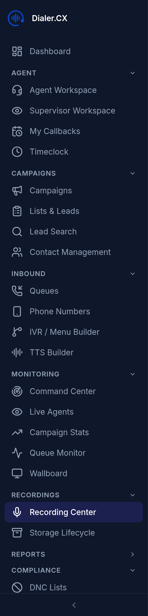 Sidebar navigation to the Recording Center
